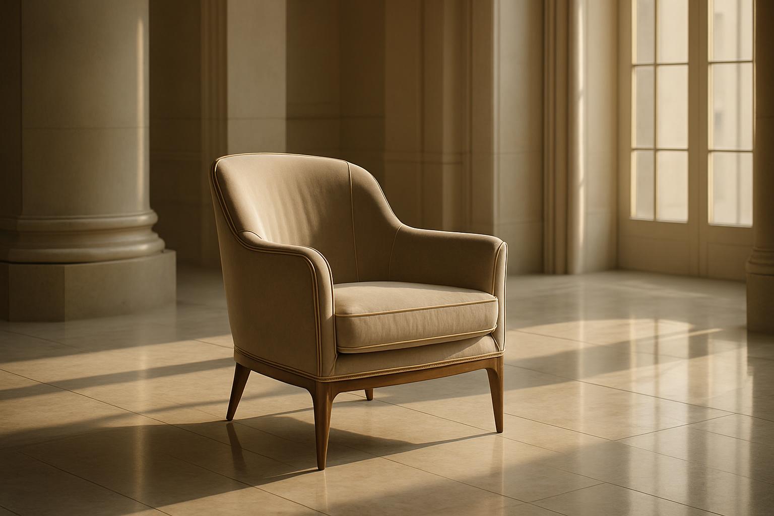 An antique stylish armchair in a luxurious-looking room with a tile floor and columns, lit by sunlight streaming through w...